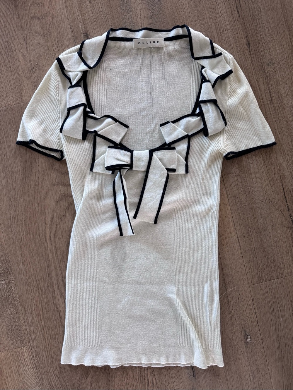 Vintage Celine White and Black Short Sleeve Bow Top